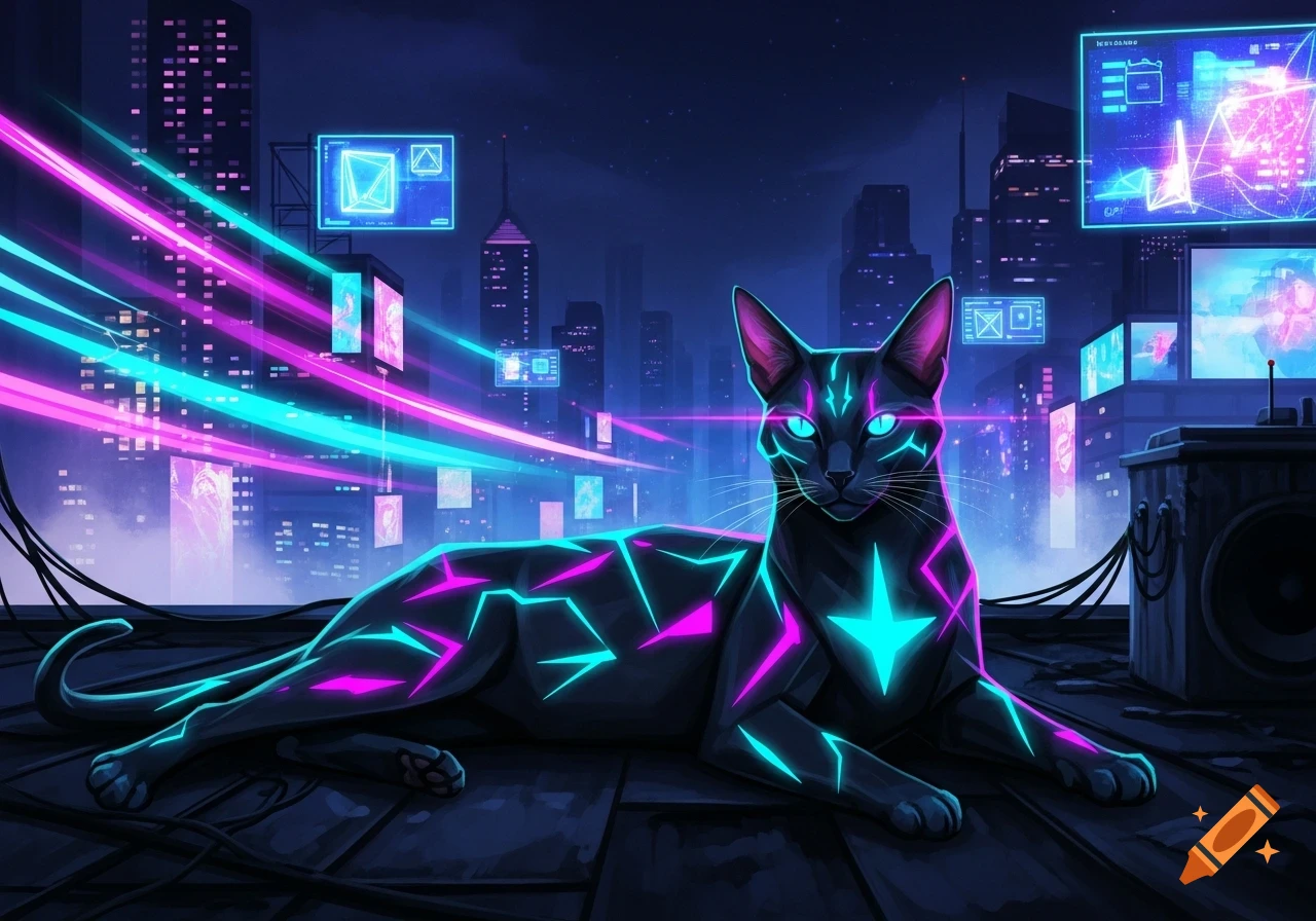 A black cat with glowing neon markings lies on a rooftop, overlooking a vibrant cyberpunk city at night.