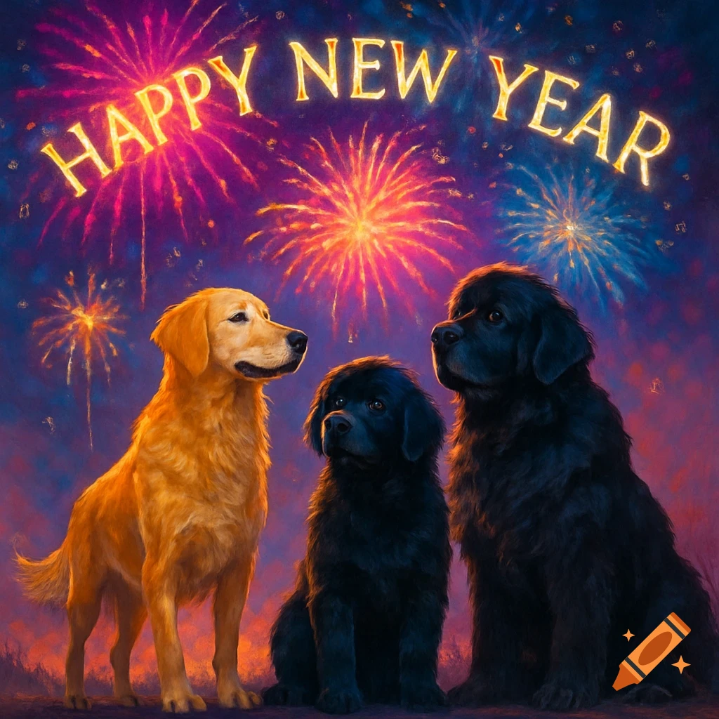 Golden retriever and two black dogs sit under a night sky with colorful fireworks and "HAPPY NEW YEAR" text.