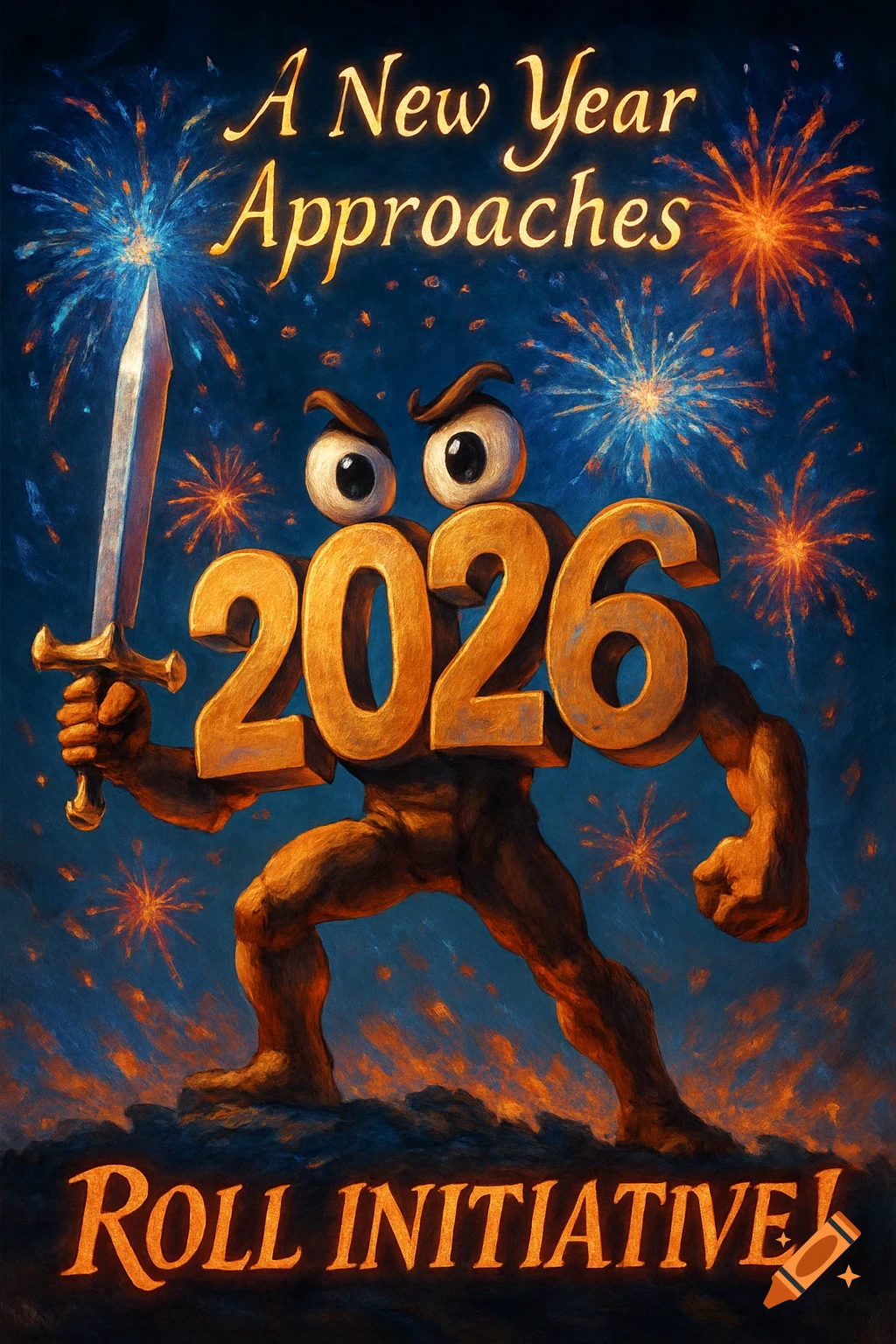 A cartoon character made of the number "2026" with eyes and muscular limbs holds a sword. Fireworks light up the night sky. Text reads "A New Year Approaches" and "Roll INITIATIVE!"