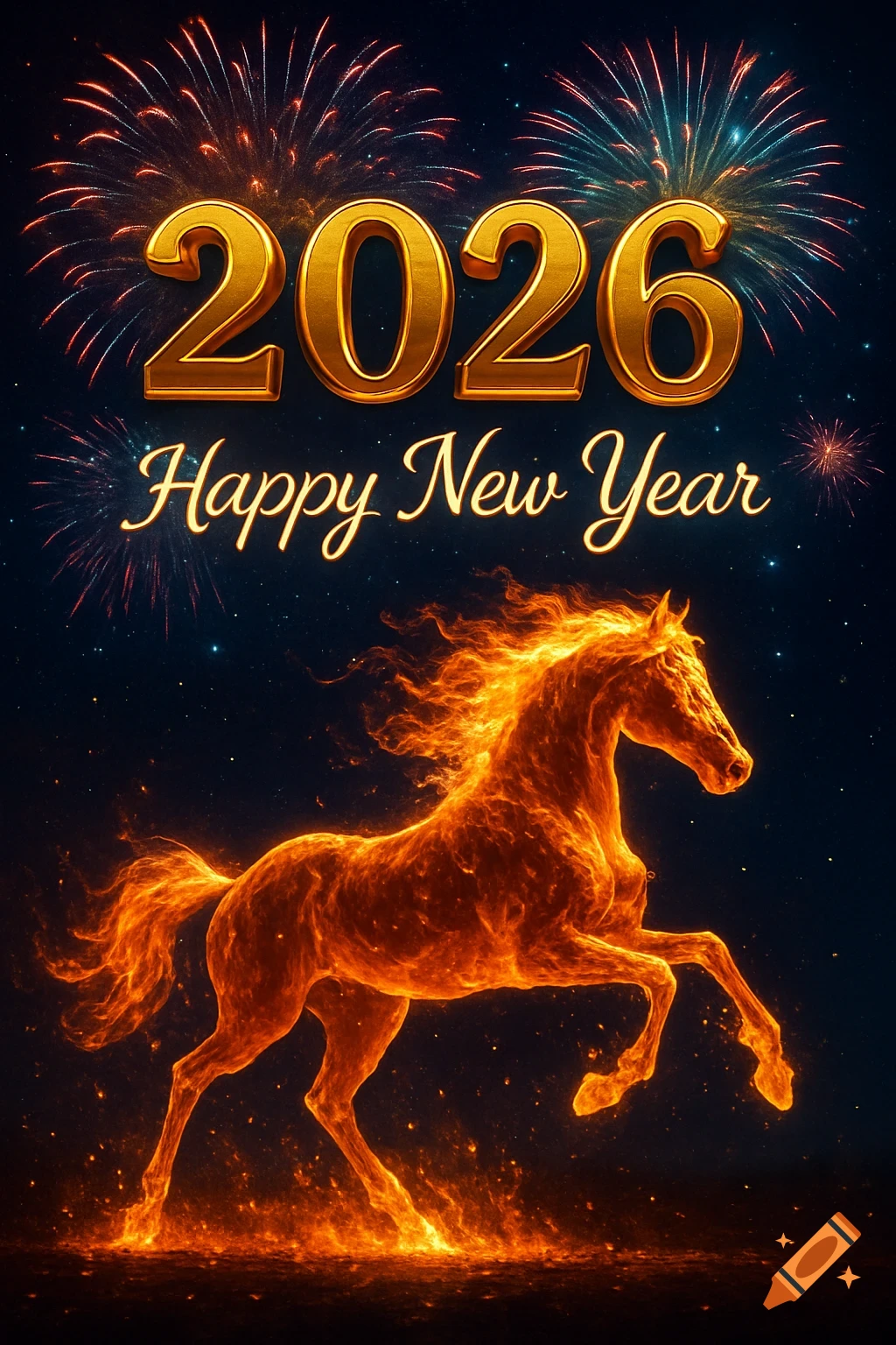 A majestic fiery horse gallops beneath golden '2026 Happy New Year' text and vibrant fireworks in a starry night, digital art.