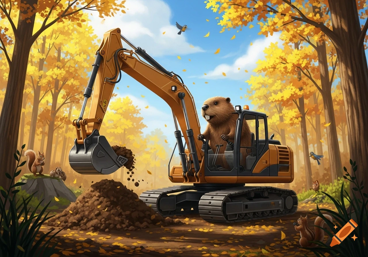 A cartoon beaver drives an orange excavator, digging in an autumn forest with yellow trees, fallen leaves, and squirrels.