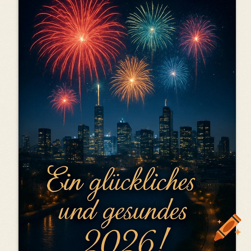A city skyline at night illuminated by colorful fireworks, with golden script text 'Ein glückliches und gesundes 2026!' at the bottom.
