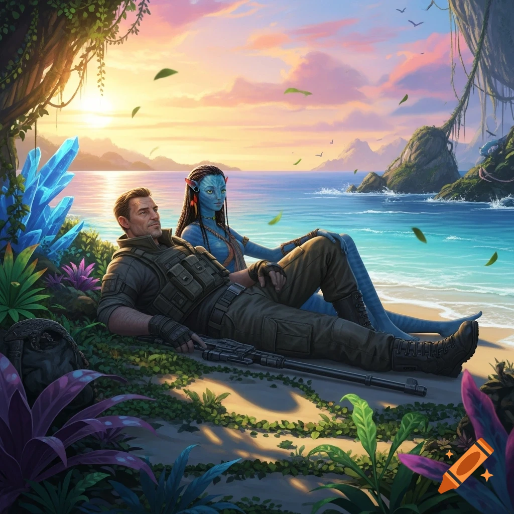 A man and a blue-skinned Na'vi woman lie on a tropical beach at sunset, surrounded by exotic plants and blue crystals.