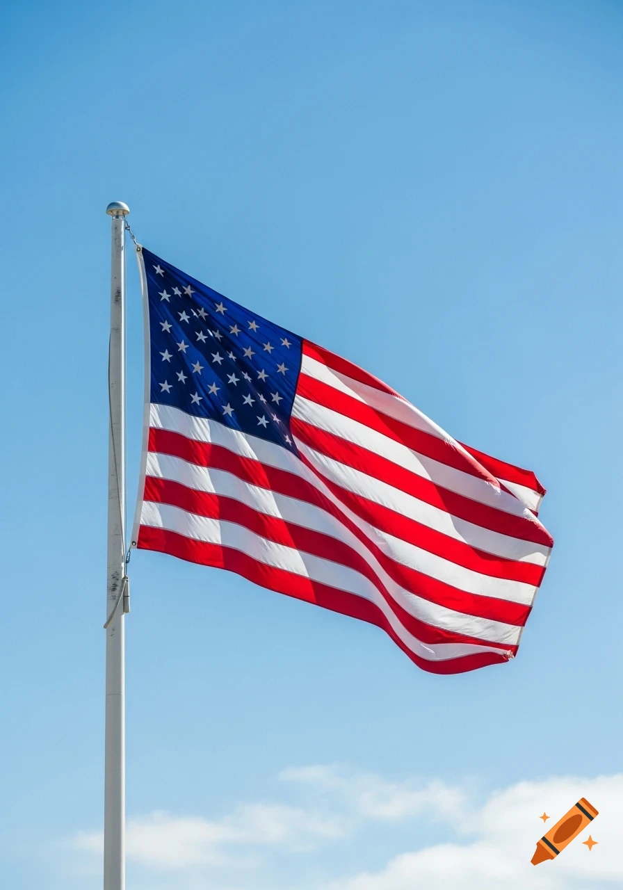 The American flag waves proudly on a flagpole against a clear blue sky.