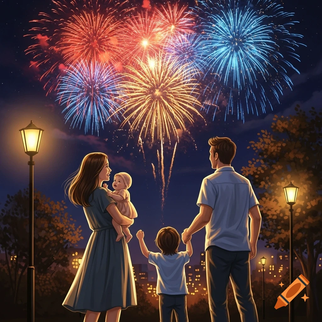 Stylized illustration of a family watching a colorful fireworks display at night, with streetlights and city lights.