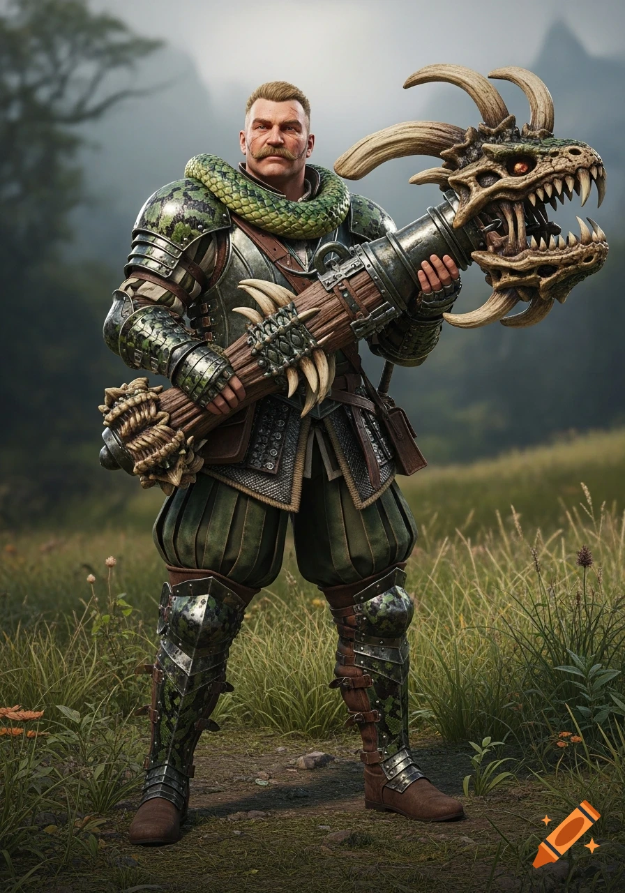 Muscular male warrior in green snake-patterned armor, holding a large dragon-head weapon, standing in a grassy field.