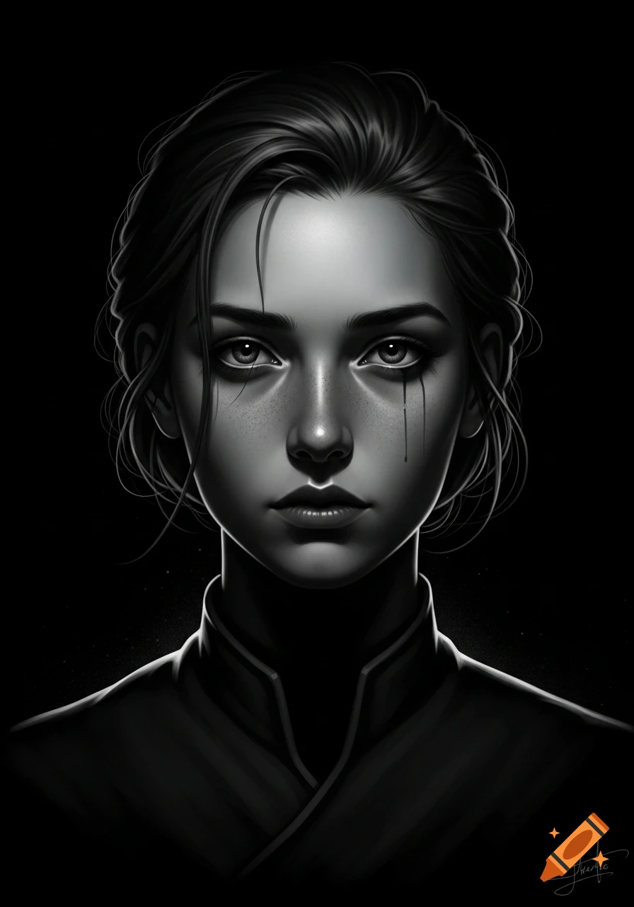 A close-up, black and white artistic portrait of a woman with dark hair, stylized tear-like streaks under her eyes, against a dark background.