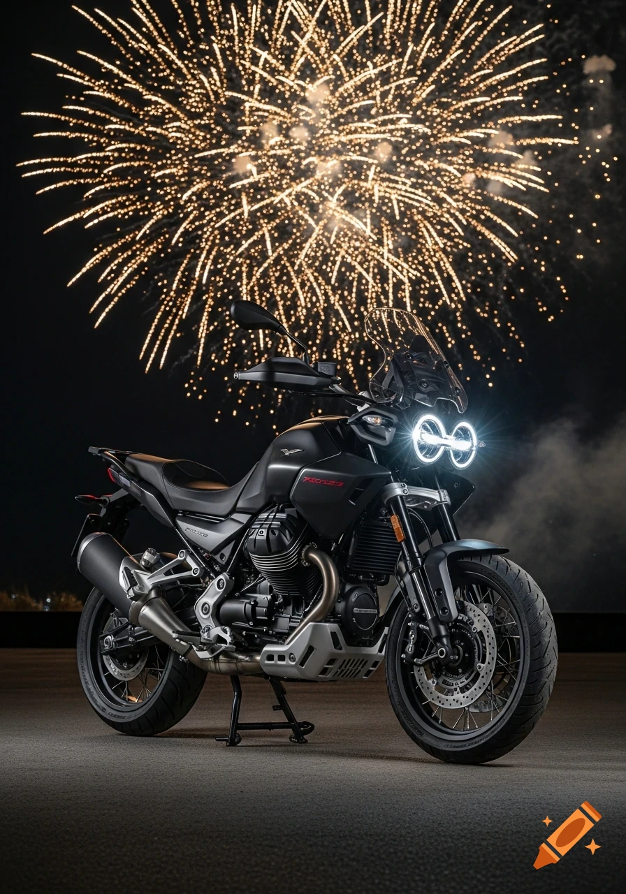 A black Moto Guzzi Stelvio motorcycle with bright LED headlights parked against a dark sky illuminated by golden fireworks.