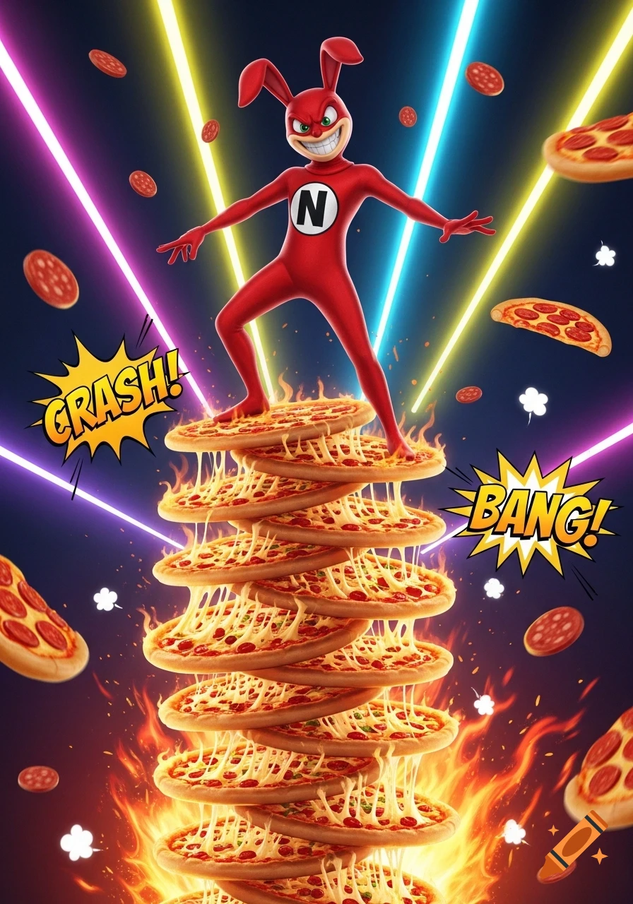 A cartoon Noid character in a red suit stands atop a tall stack of flaming pizzas, surrounded by flying pepperoni and neon lasers.