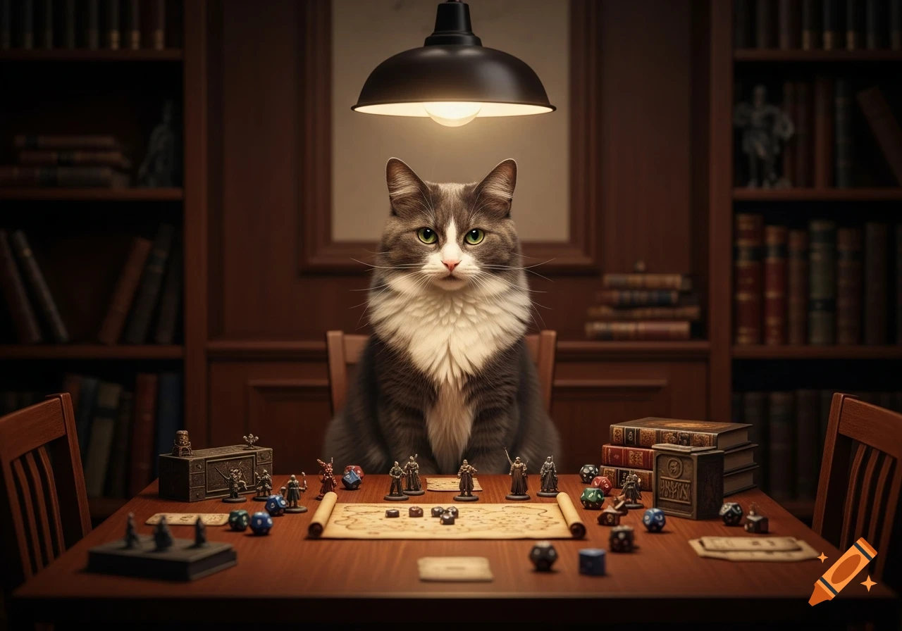 A fluffy grey and white cat sits at a wooden table under a lamp in a library, surrounded by tabletop game miniatures, dice, and a map.