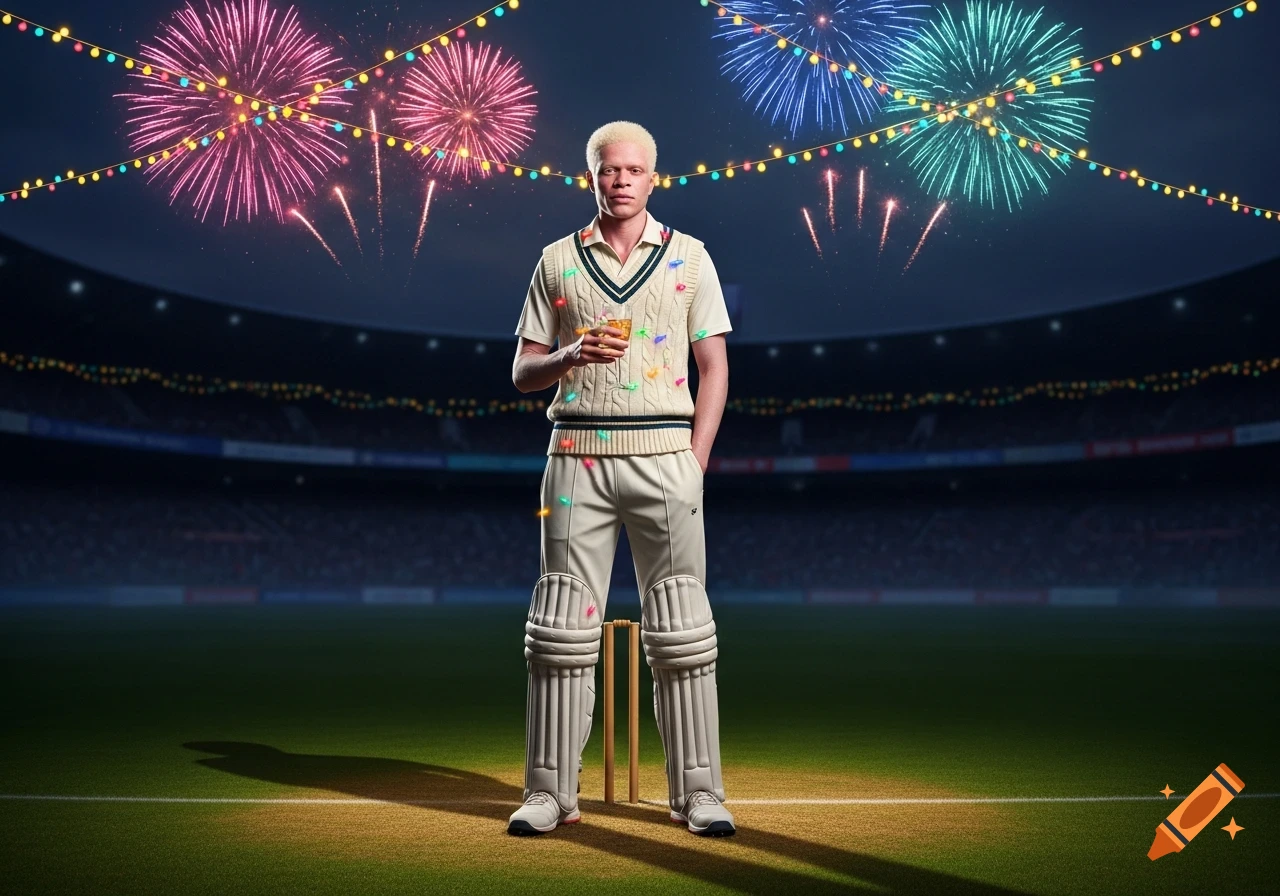 Photorealistic image of an albino man in cricket gear holding a drink on a pitch, with fireworks and string lights above.