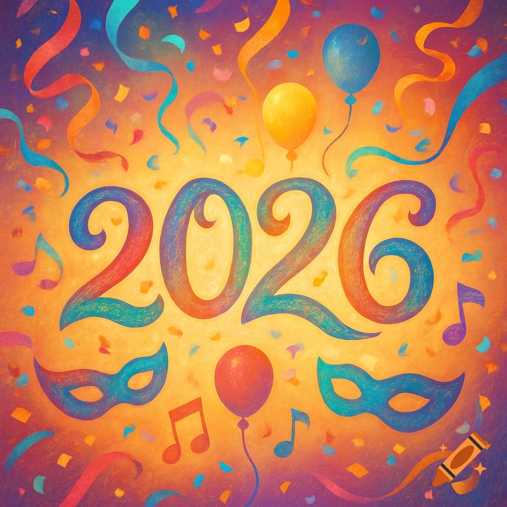 Colorful, stylized 2026 text surrounded by festive balloons, confetti, streamers, musical notes, and masks.