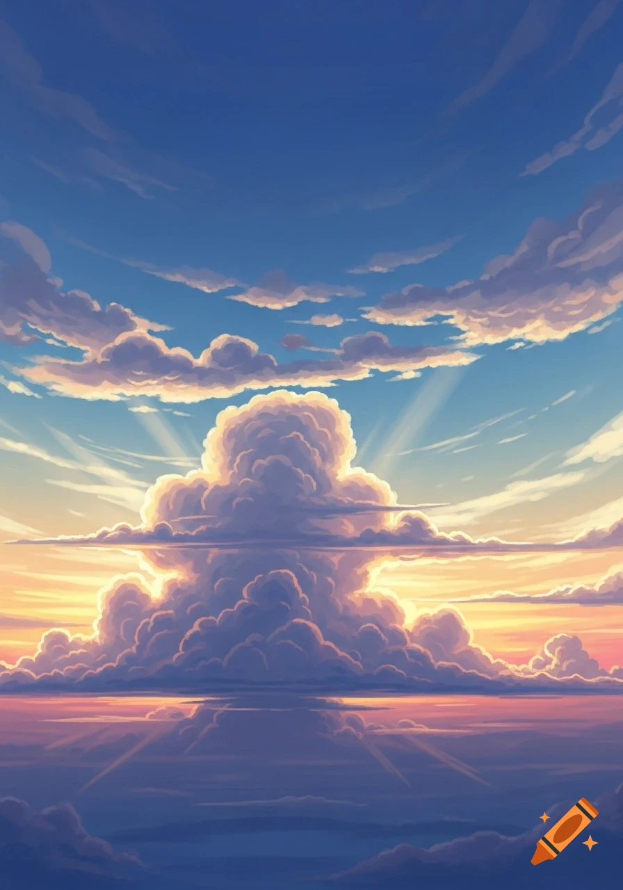 An anime-style image of a vibrant sky filled with large, fluffy cumulus clouds at sunset, with sunrays breaking through.