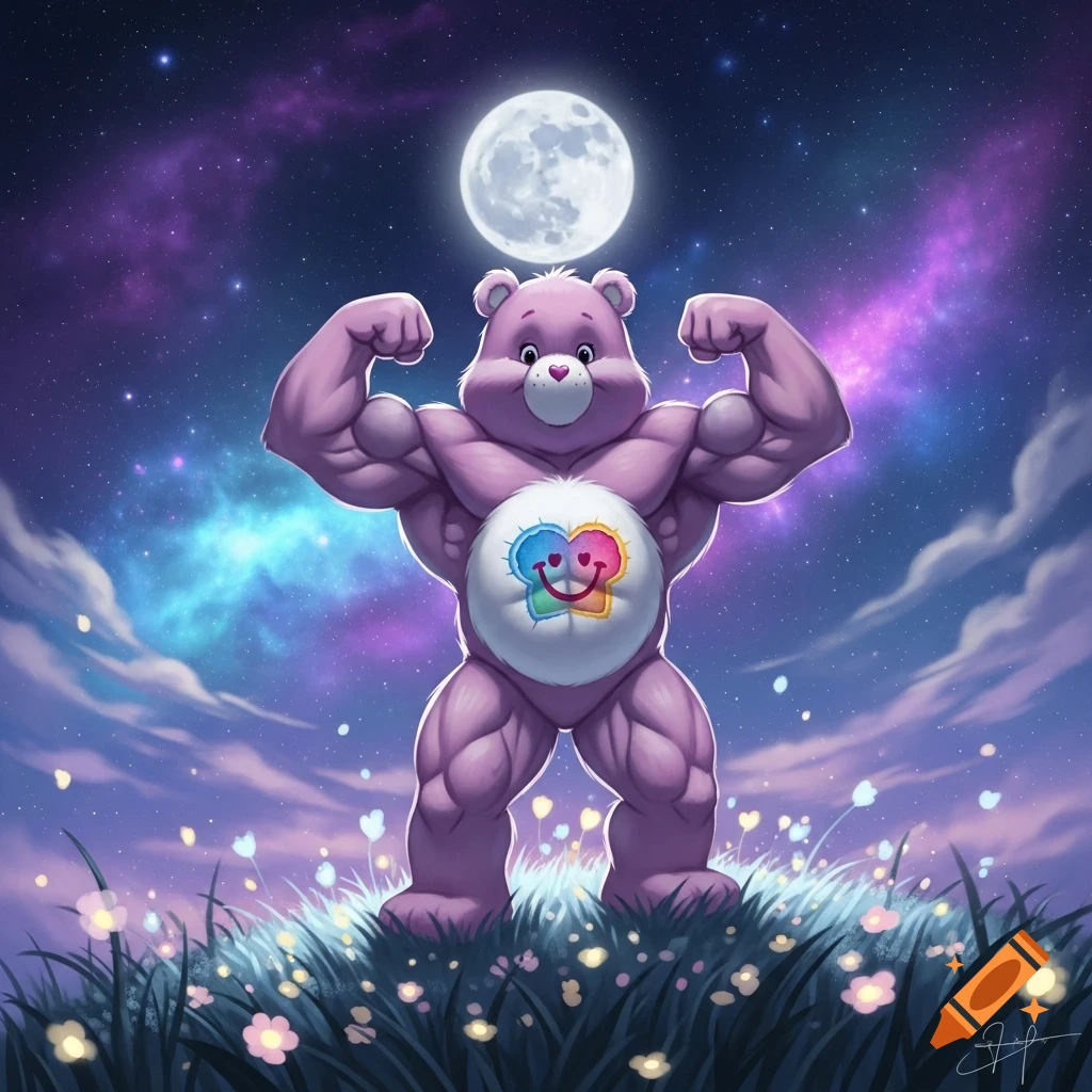 A muscular, purple Carebear flexing its biceps on a grassy hill under a vibrant, starry night sky with a full moon.