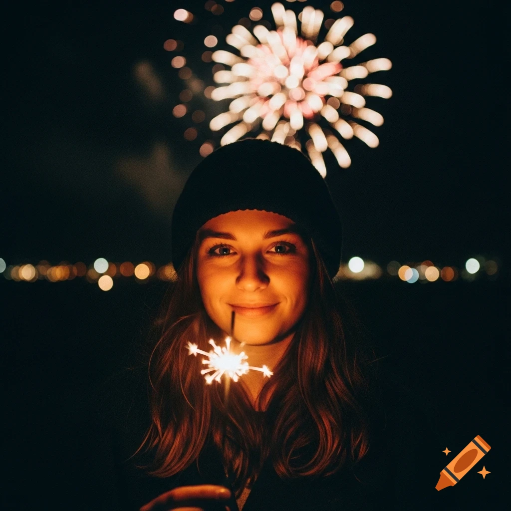 Smiling woman holds a sparkler, illuminated by its glow, with blurry fireworks in the dark background. Photorealistic.