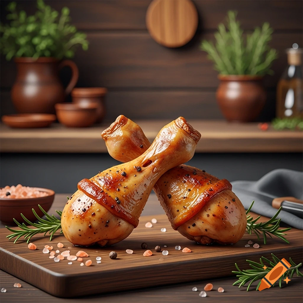 Two glazed chicken drumsticks, seasoned with pepper and salt, crossed on a wooden cutting board with rosemary sprigs in a kitchen setting.