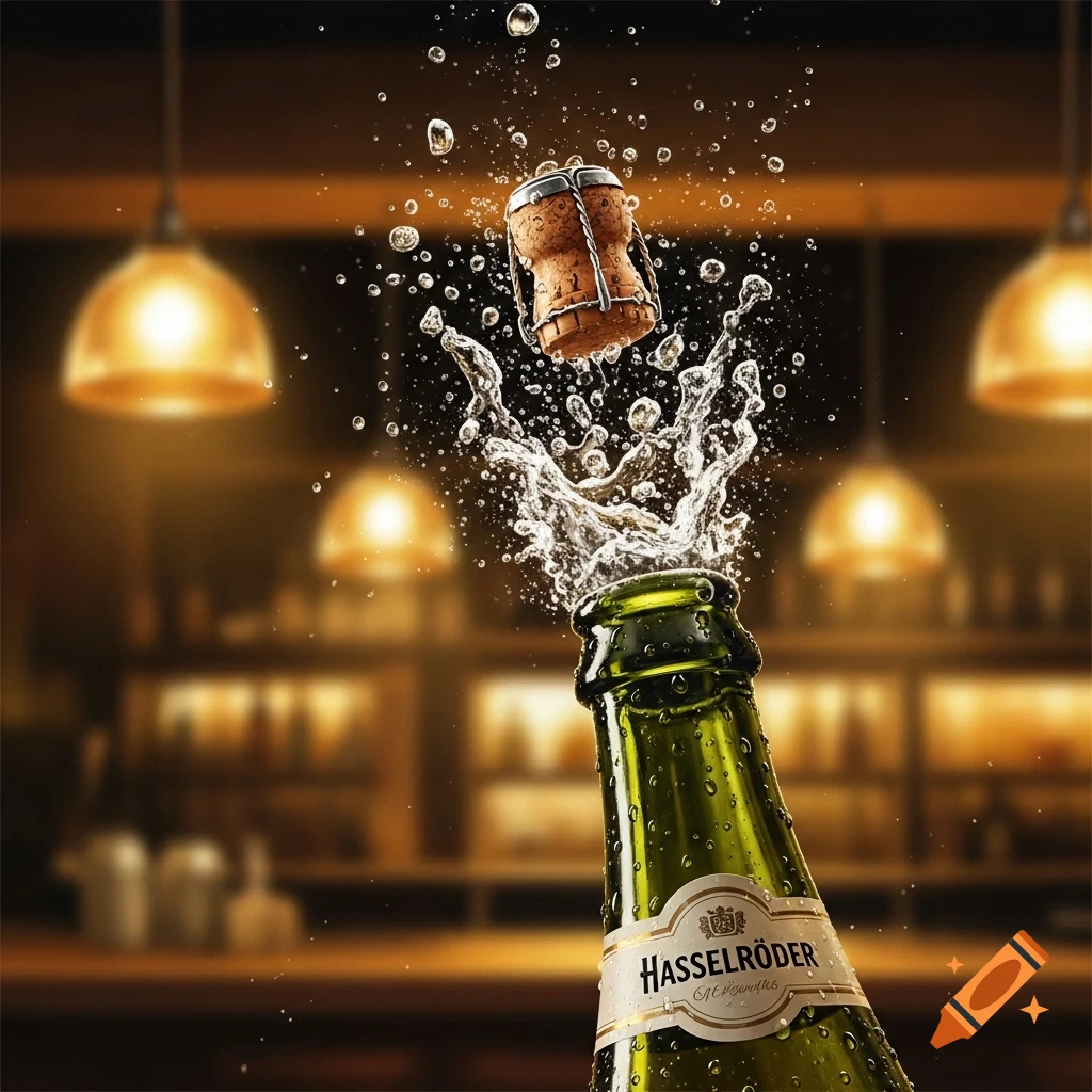 Photorealistic close-up of a green bottle with a 'Hasselröder' label, its cork popping with a splash of liquid in a dimly lit bar.