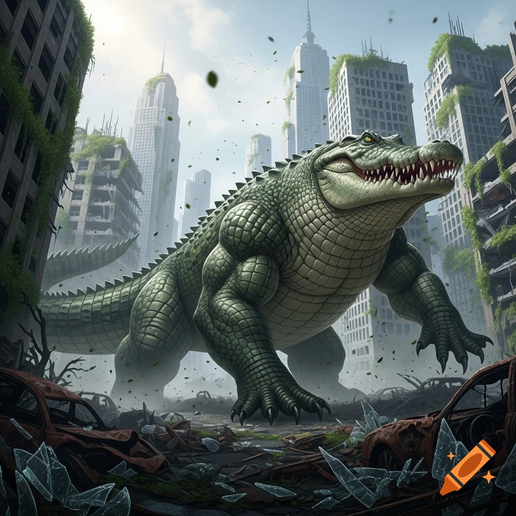 A giant, muscular crocodile stands menacingly amidst the rubble and overgrown buildings of a ruined city.