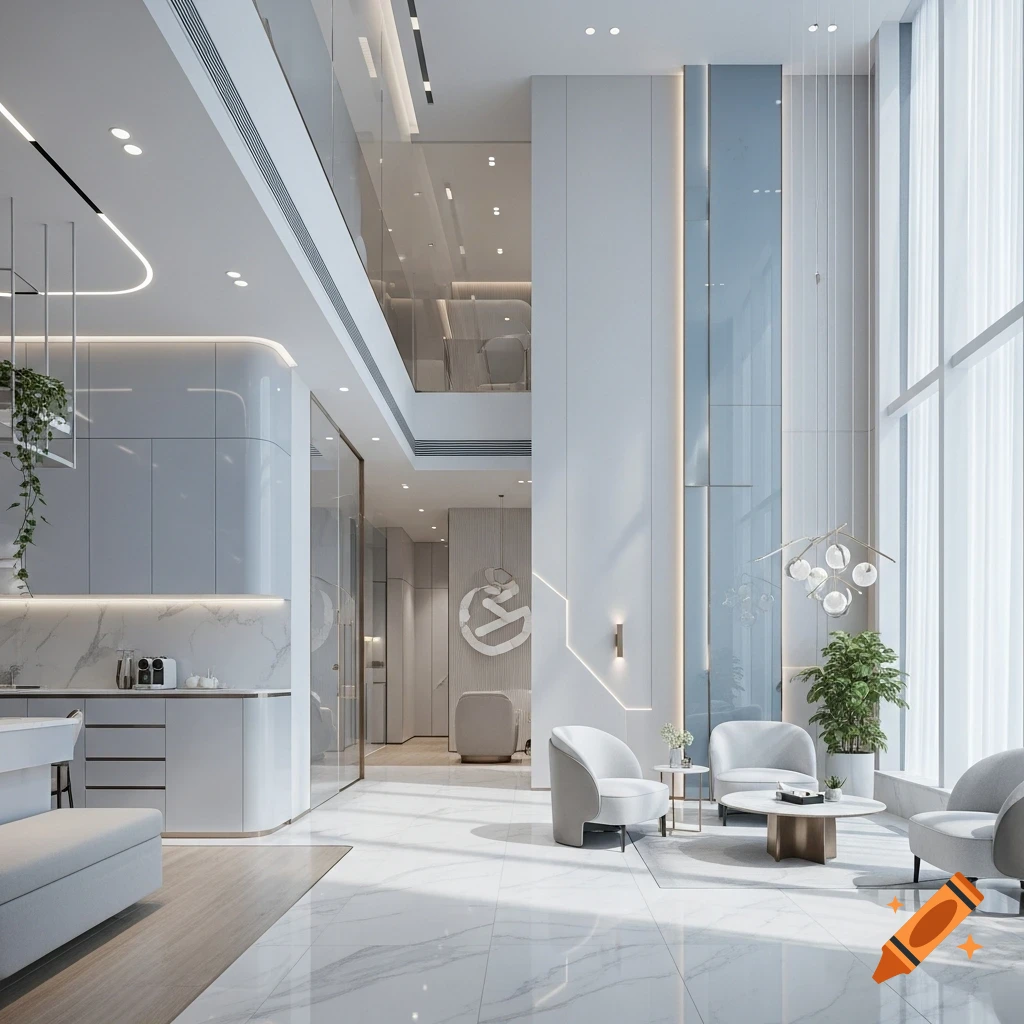 A spacious, modern, luxurious interior design featuring white marble floors, minimalist furniture, and large windows.
