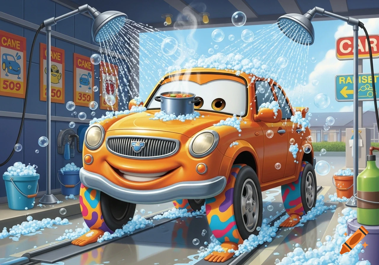 A smiling orange cartoon car with human-like legs as wheels gets washed at a car wash, while a pot of soup steams on its hood.