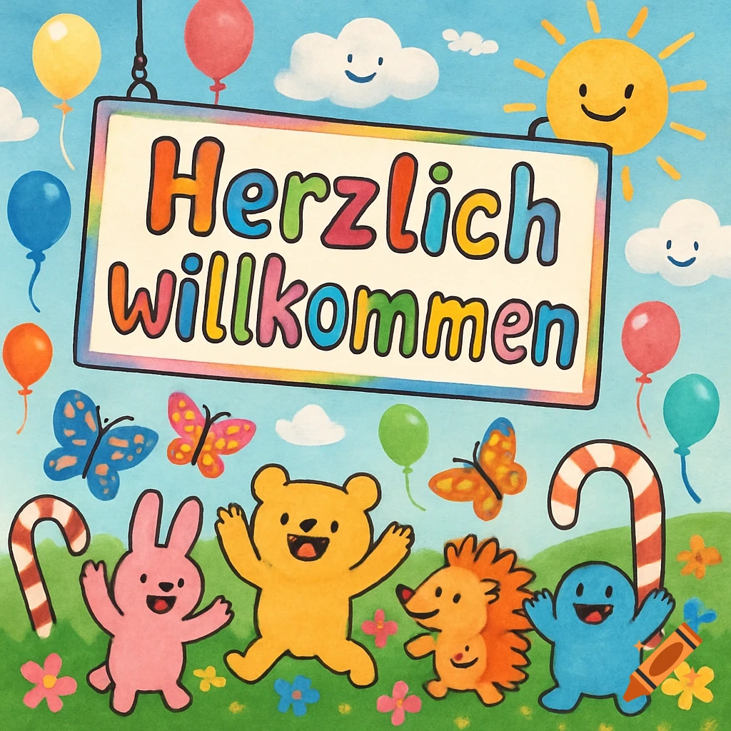 A colorful cartoon illustration of a welcome sign with "Herzlich willkommen", surrounded by cheerful animals, balloons, butterflies, and candy canes on a sunny day with smiling clouds.