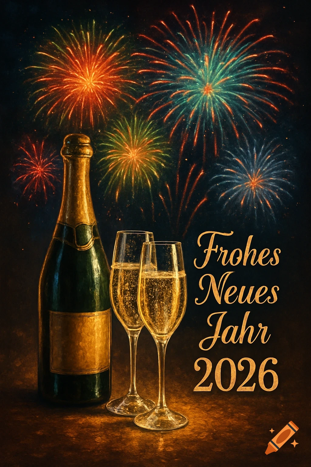A champagne bottle and two glasses with sparkling wine stand before a vibrant fireworks display, with "Frohes Neues Jahr 2026" text.