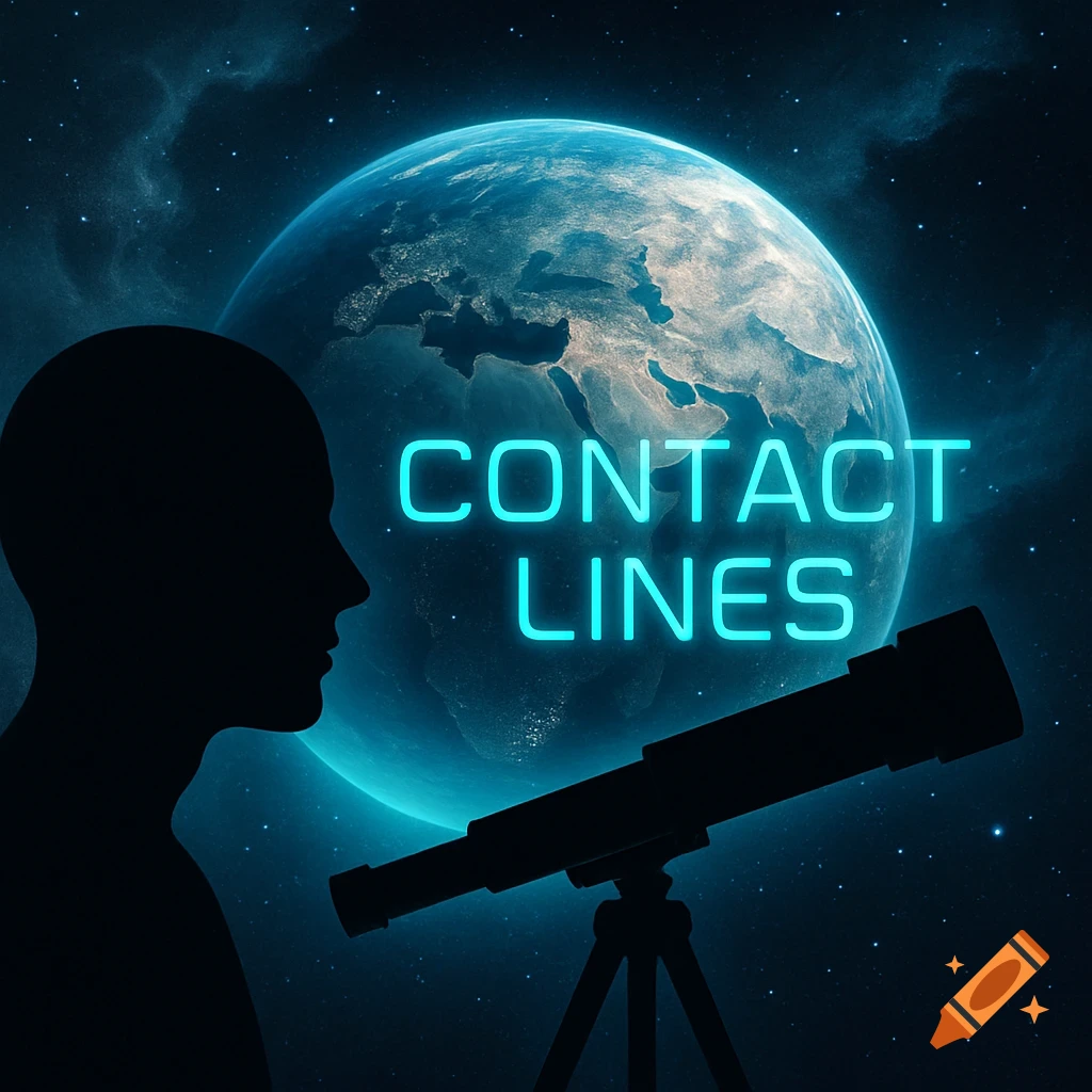 Silhouette of person and telescope facing a glowing Earth with 'CONTACT LINES' text in a starry space.