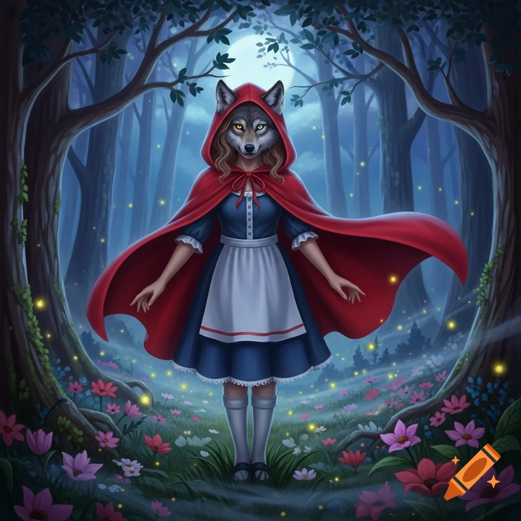 A fantasy illustration of a wolf-headed Little Red Riding Hood in a red cloak, standing in a magical forest with glowing flowers under a full moon.