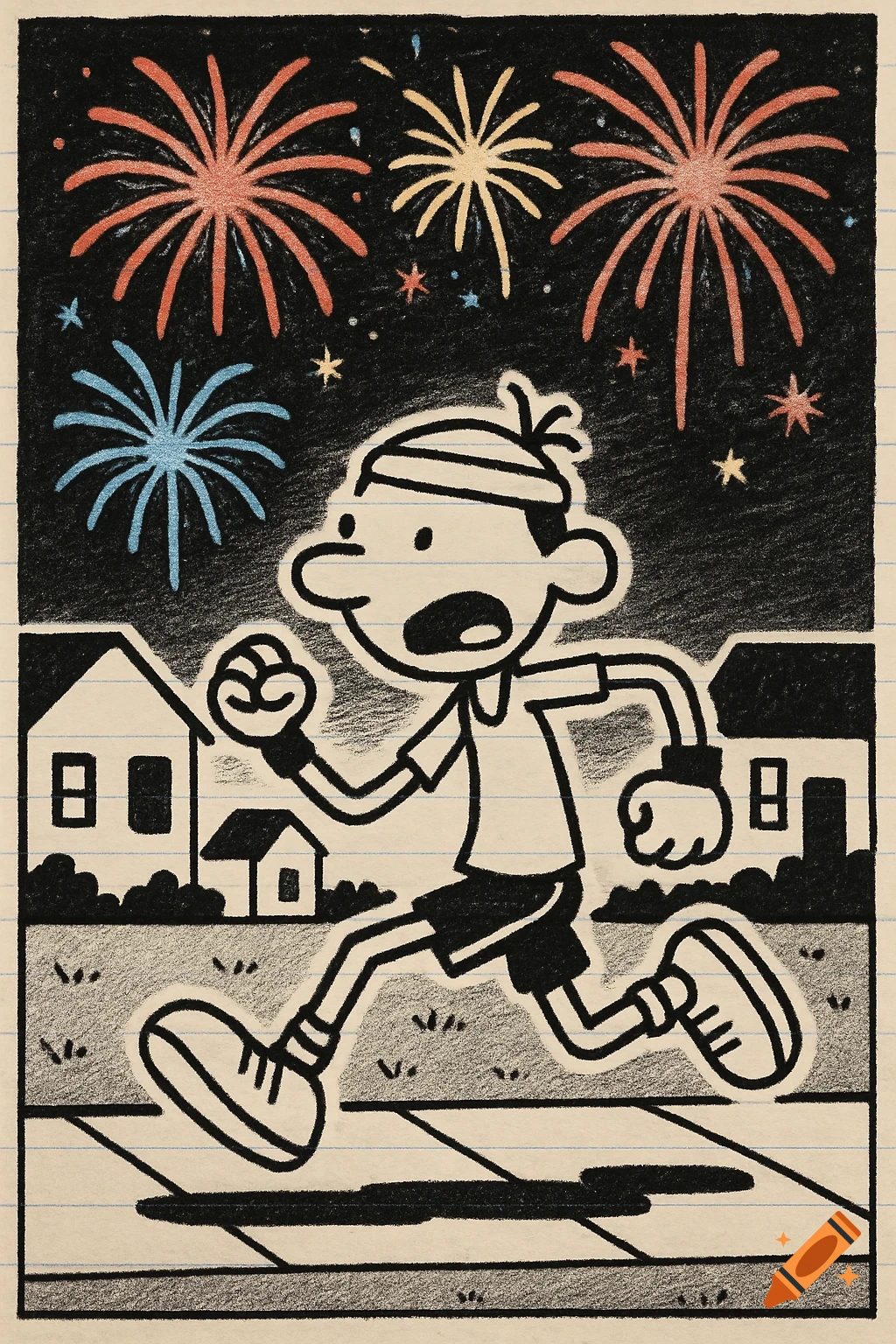 A cartoon boy in Diary of a Wimpy Kid style runs past houses at night with colorful fireworks exploding in the sky.