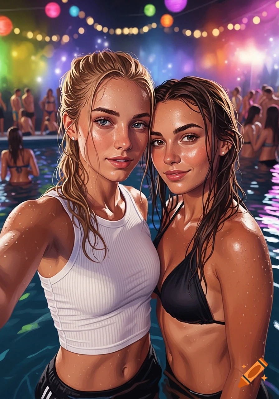 Two young women take a wet selfie at a vibrant night pool party, one in a white tank top, the other in a black bikini.