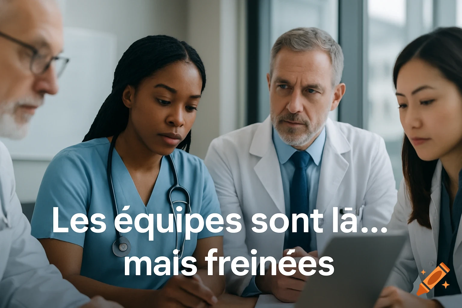 Photorealistic image of a diverse medical team in a modern hospital conference room, with text overlay 'Les équipes sont là... mais freinées'.