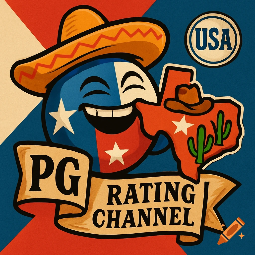 Retro cartoon logo of a smiling Texas flag countryball in a sombrero, holding a Texas map, with 'PG RATING CHANNEL' and 'USA' text.