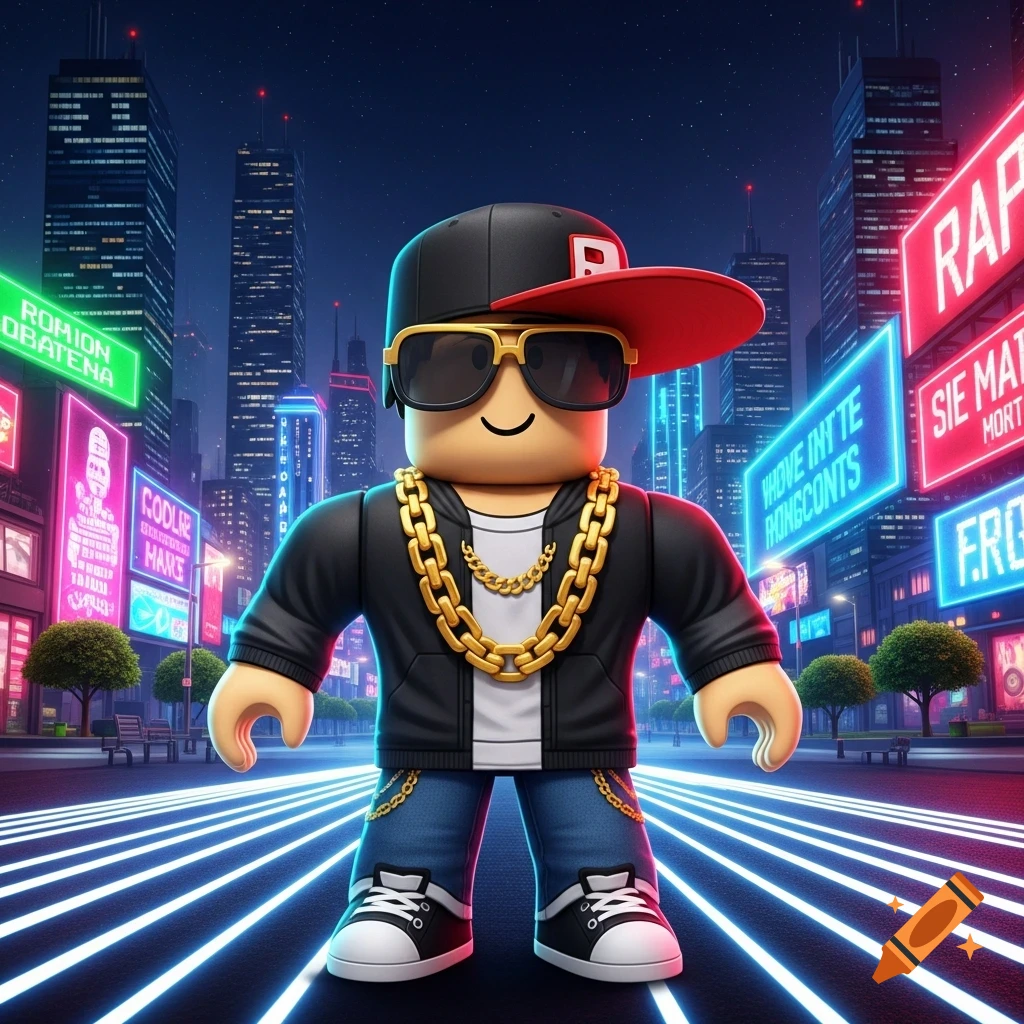 A Roblox character dressed as a rap icon, wearing a cap, sunglasses, and gold chain, stands on a neon-lit street at night with skyscrapers in the background.