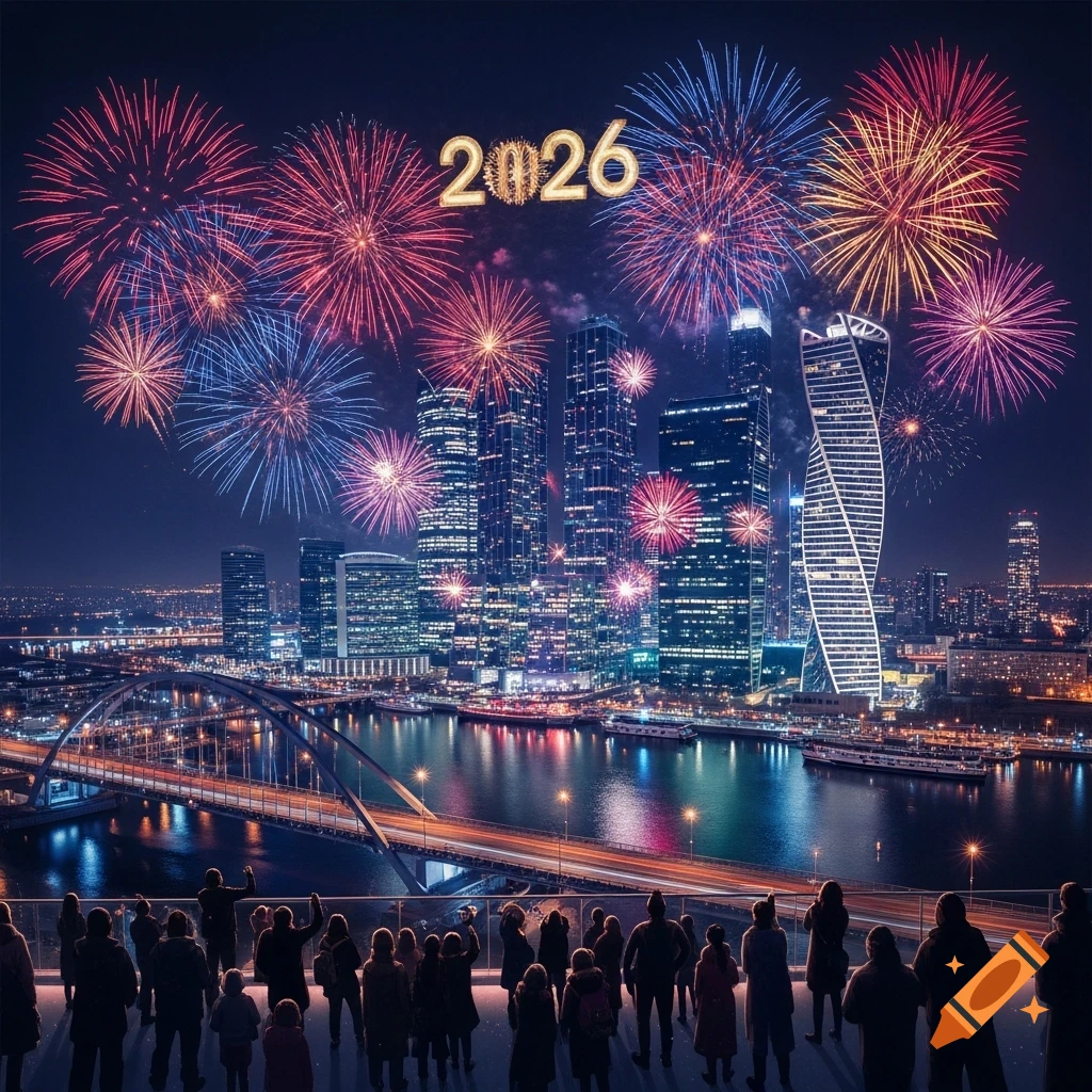 Photorealistic city skyline at night with a river, bridge, and crowd watching a vibrant fireworks display. '2026' glows in the sky.