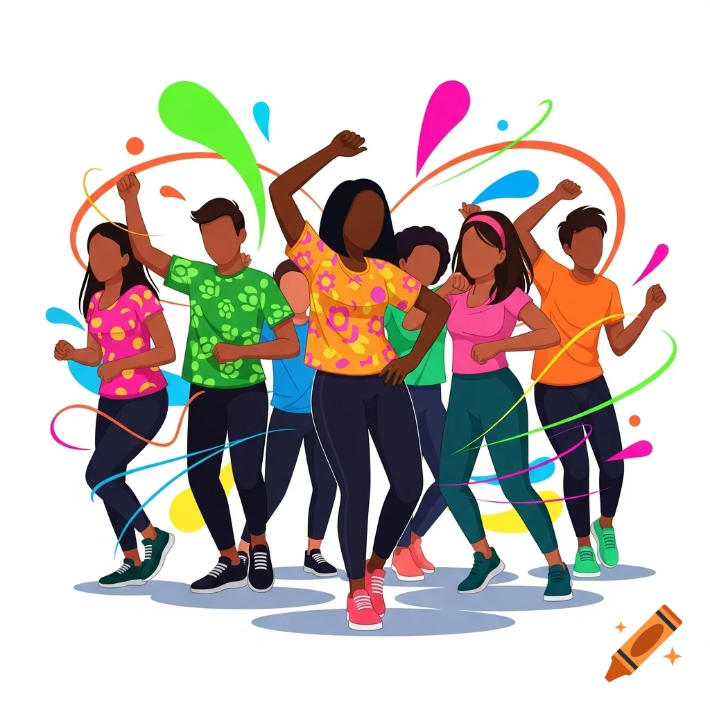 A vibrant cartoon illustration shows a diverse group of faceless people in colorful t-shirts and leggings dancing amidst colorful splashes.