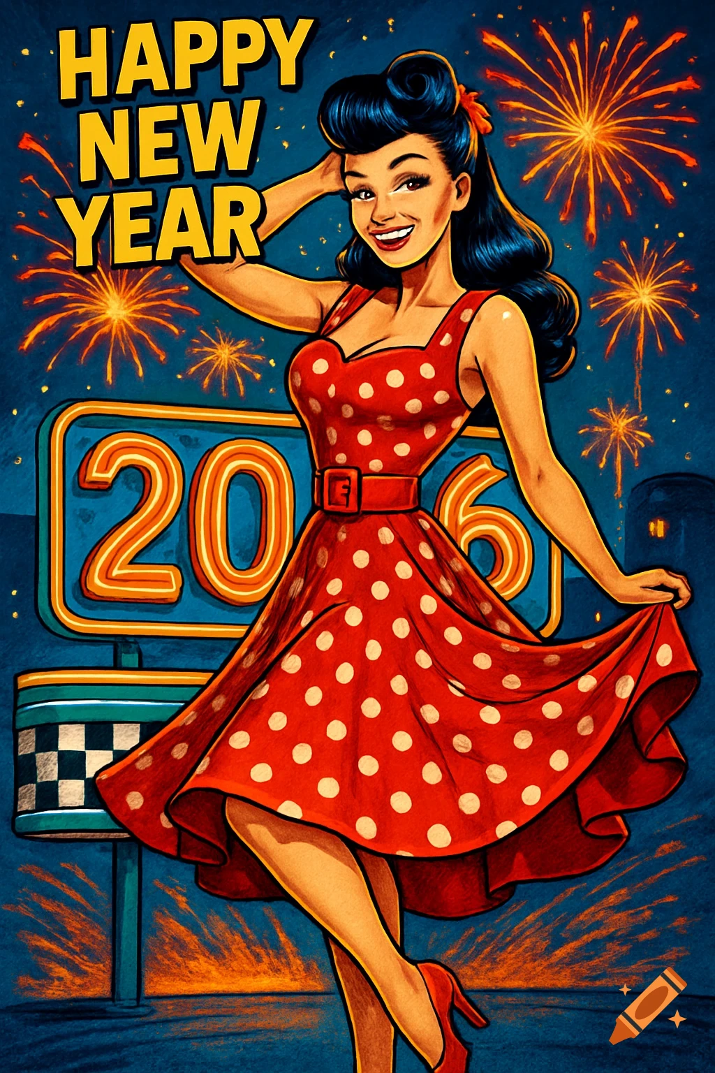 Pin-up style illustration of a smiling woman in a red polka-dot dress, with 'Happy New Year 2026' text and fireworks.