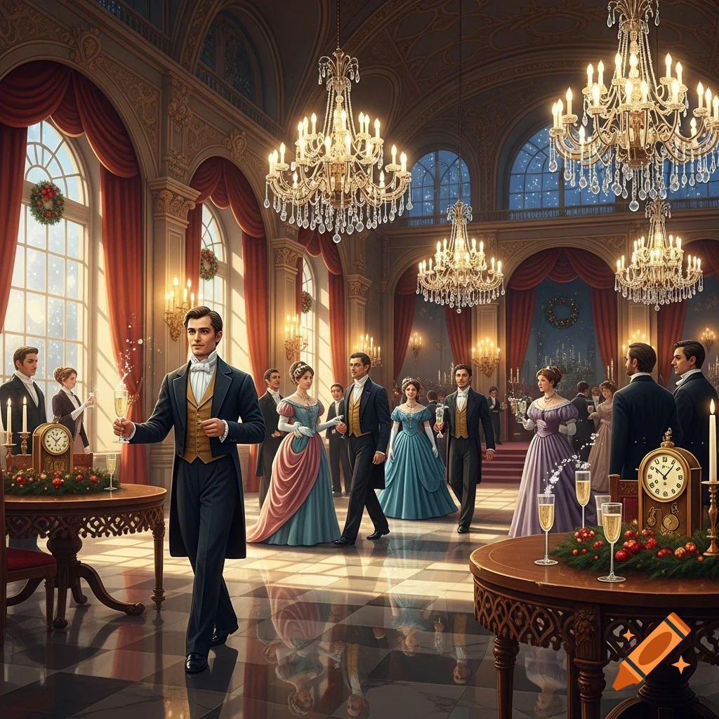 A festive Victorian-era New Year's Eve ball in a grand hall with chandeliers, large windows, and formally dressed guests socializing.