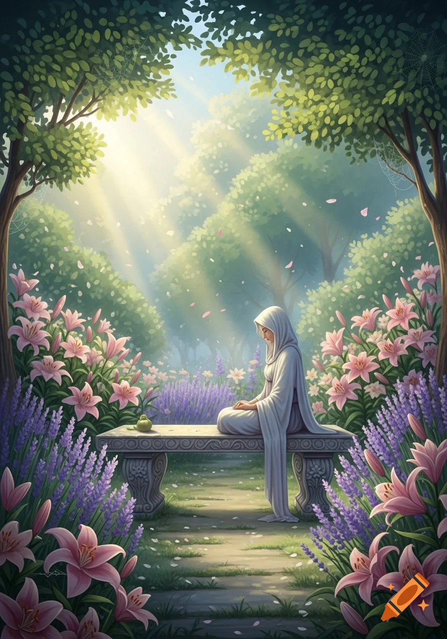 A cloaked figure meditates on a stone bench in a lush, sunlit garden with pink lilies and purple lavender, in a stylized illustration.