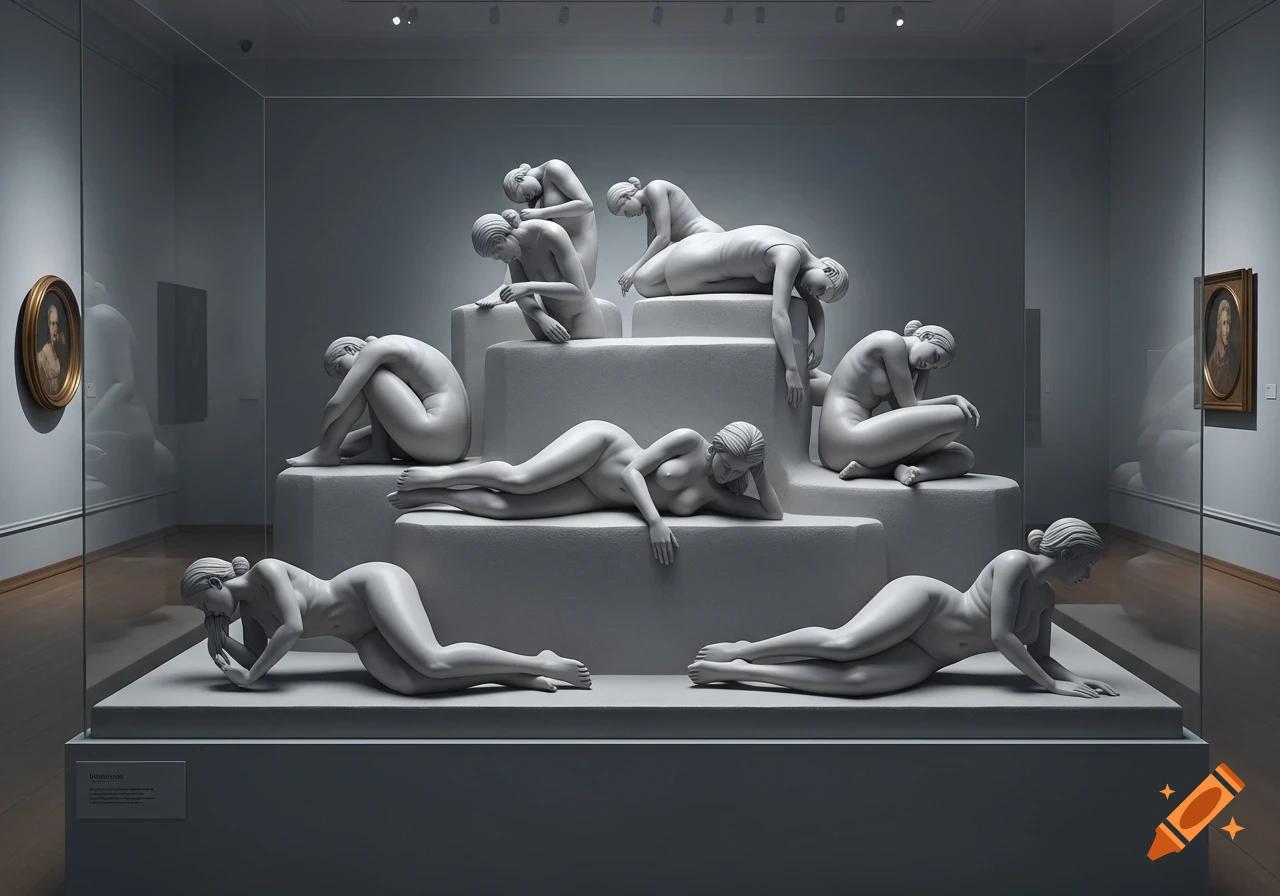 Photorealistic image of a museum exhibit featuring multiple light-toned nude female sculptures in various reclining poses on a multi-tiered pedestal, with framed paintings on the walls.