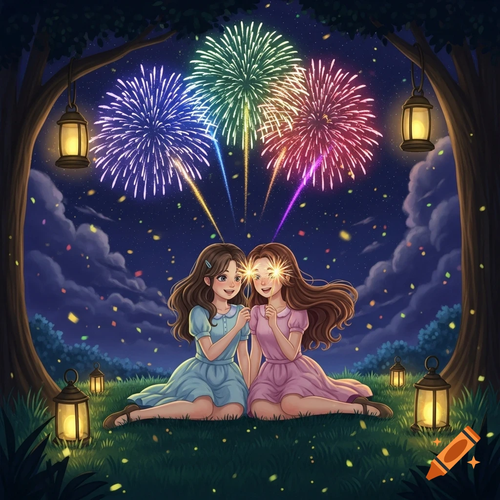 Two cartoon girls sit in a forest clearing at night, smiling as colorful fireworks explode above them.