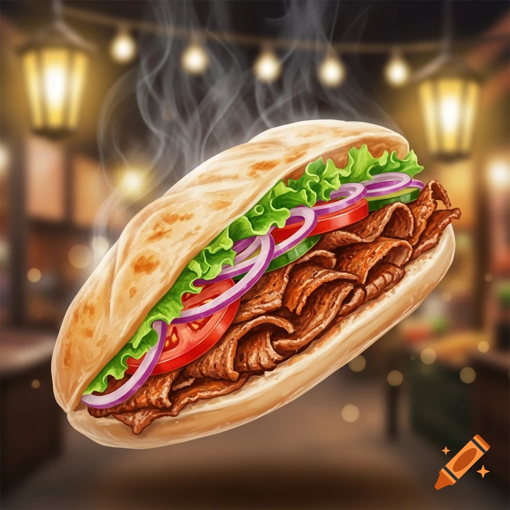 Stylized illustration of a steaming döner kebab sandwich with meat, lettuce, tomatoes, and red onions, in a restaurant setting.