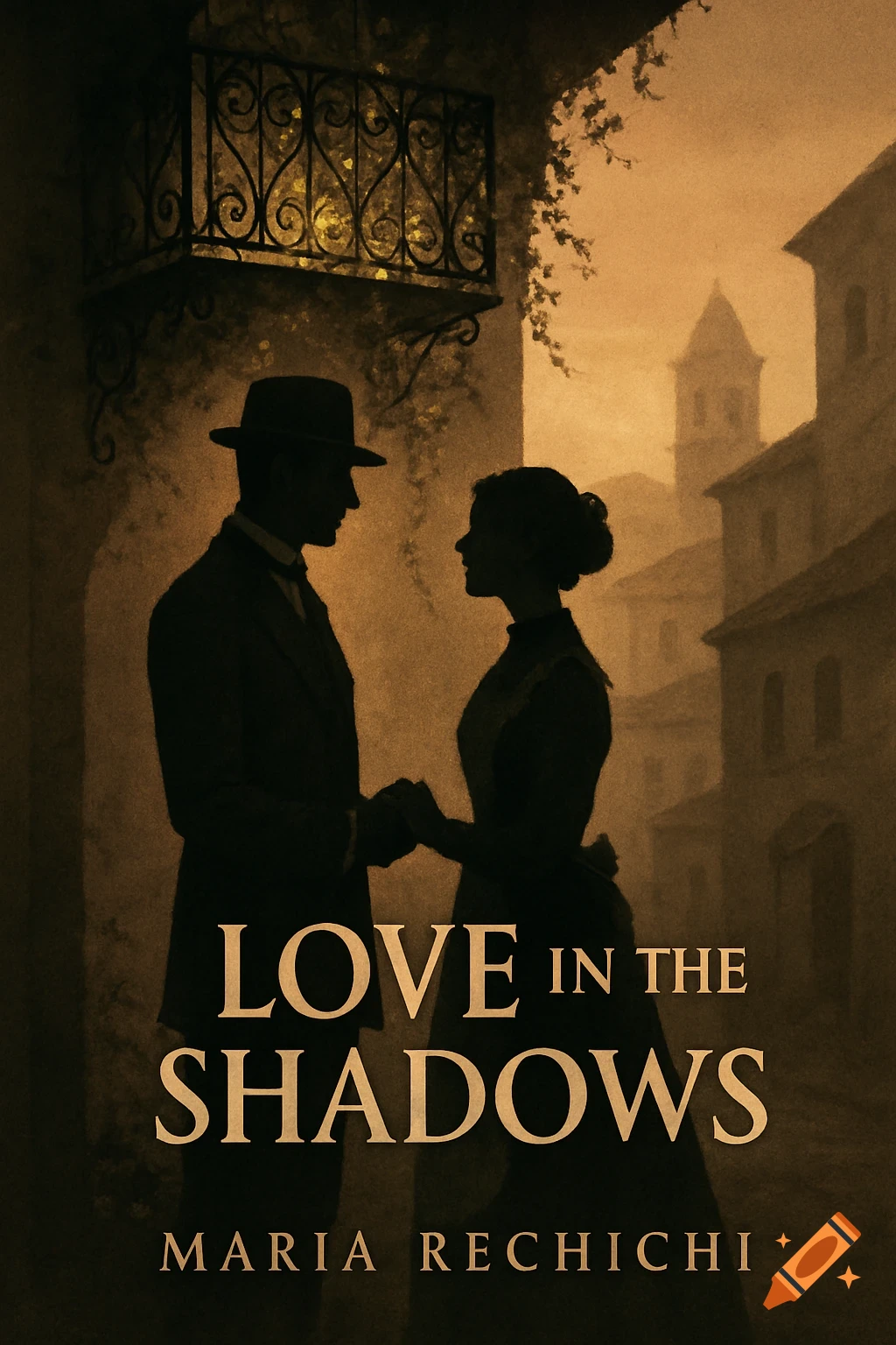 Sepia-toned silhouette of a man and woman holding hands under a balcony. Title: LOVE IN THE SHADOWS by MARIA RECHICHI.
