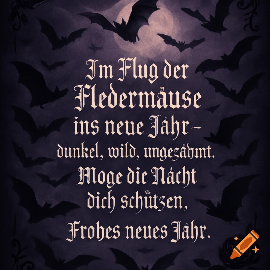 Gothic New Year greeting with black bats flying under a pale full moon against a dark, hazy sky and German text.