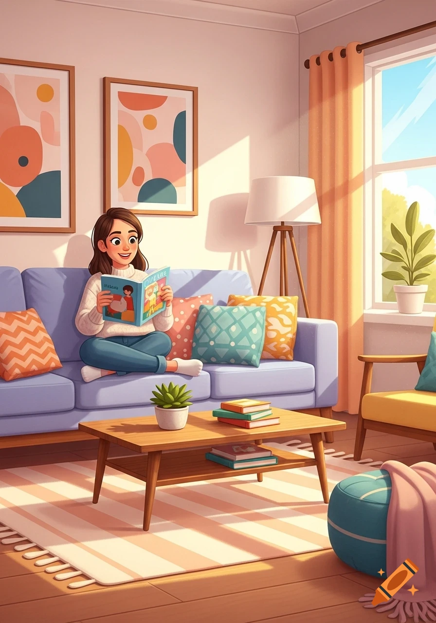 A cartoon woman sits cross-legged on a purple sofa, reading a book in a sunlit living room with modern art and plants.
