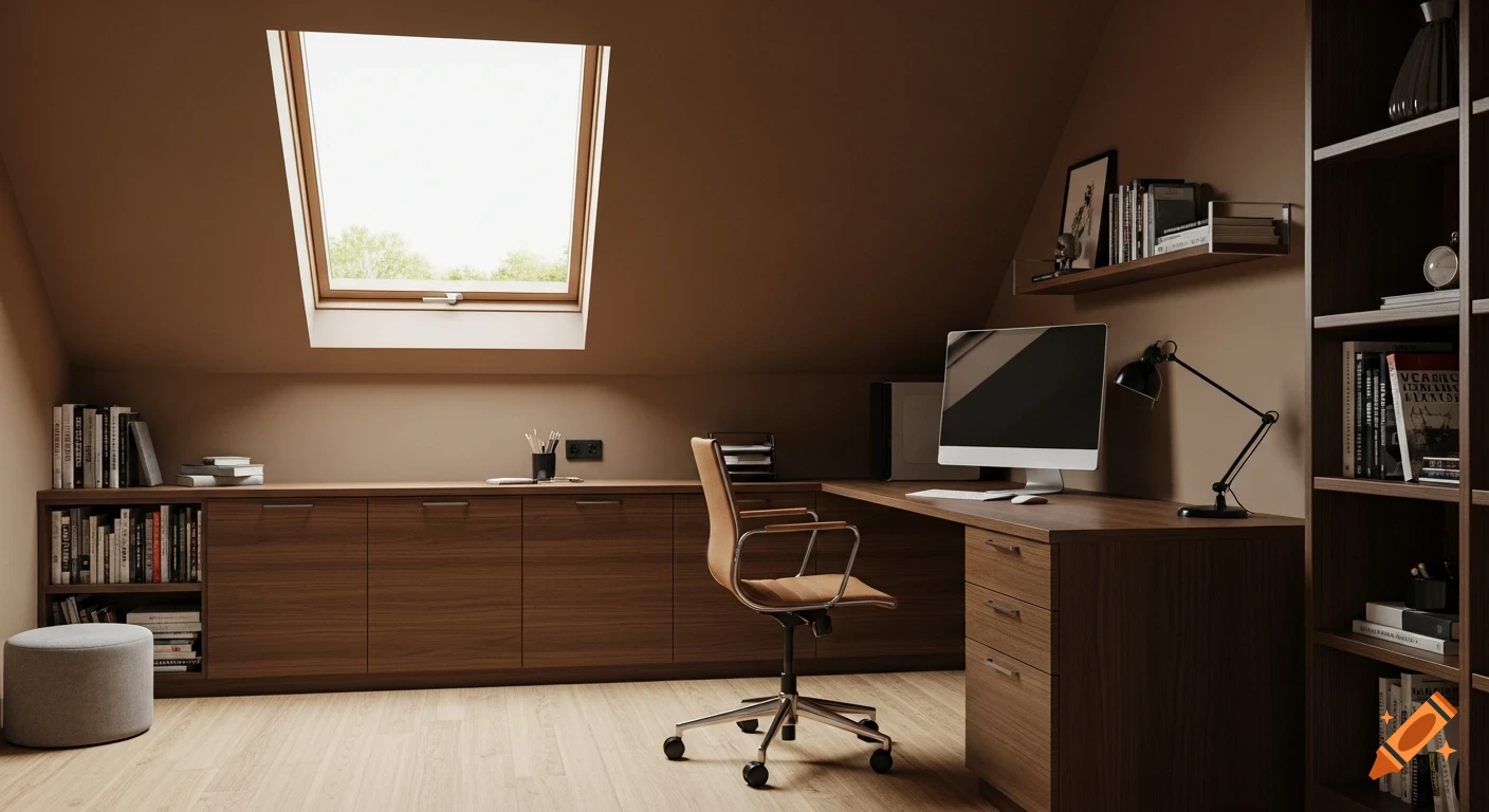 Photorealistic modern study room with a wooden desk, computer, office chair, bookshelves, and a roof window.