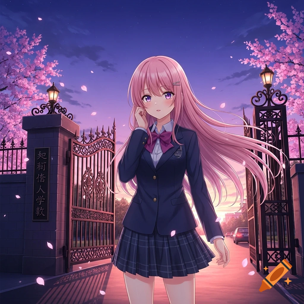 Anime girl with long pink hair and a school uniform standing near a school gate with pink cherry blossom trees at sunset.