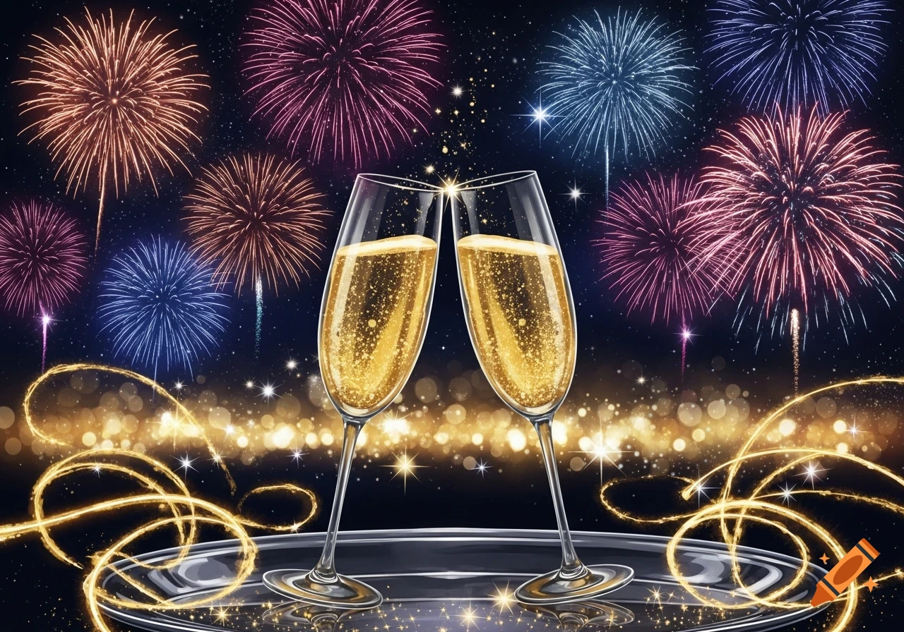 Two champagne glasses clinking, set against a backdrop of vibrant fireworks and sparkling golden lights.