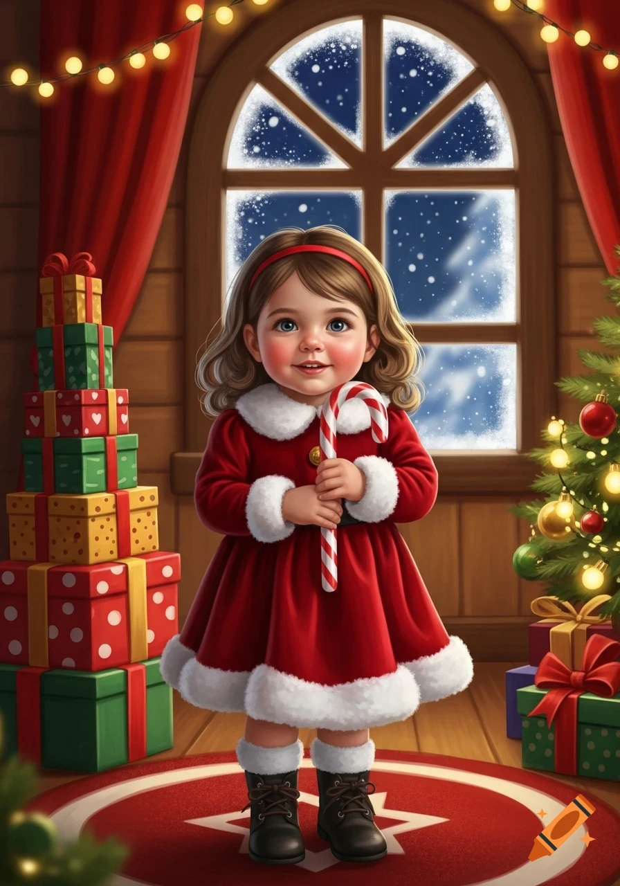 A cheerful child in a Santa dress holds a candy cane in a festive room with Christmas presents and a snowy window.