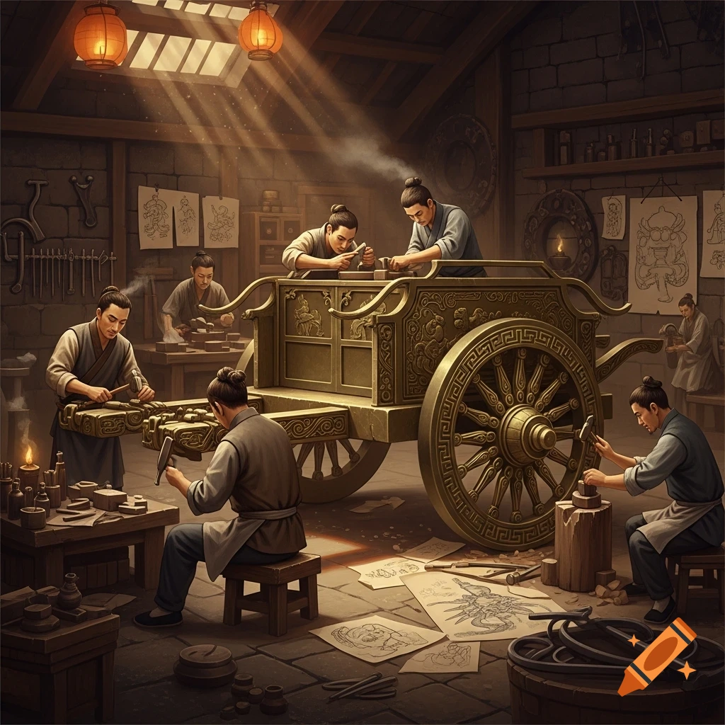 Artisans in a warm, sun-dappled Qin Dynasty workshop meticulously craft a bronze chariot, surrounded by tools and designs.