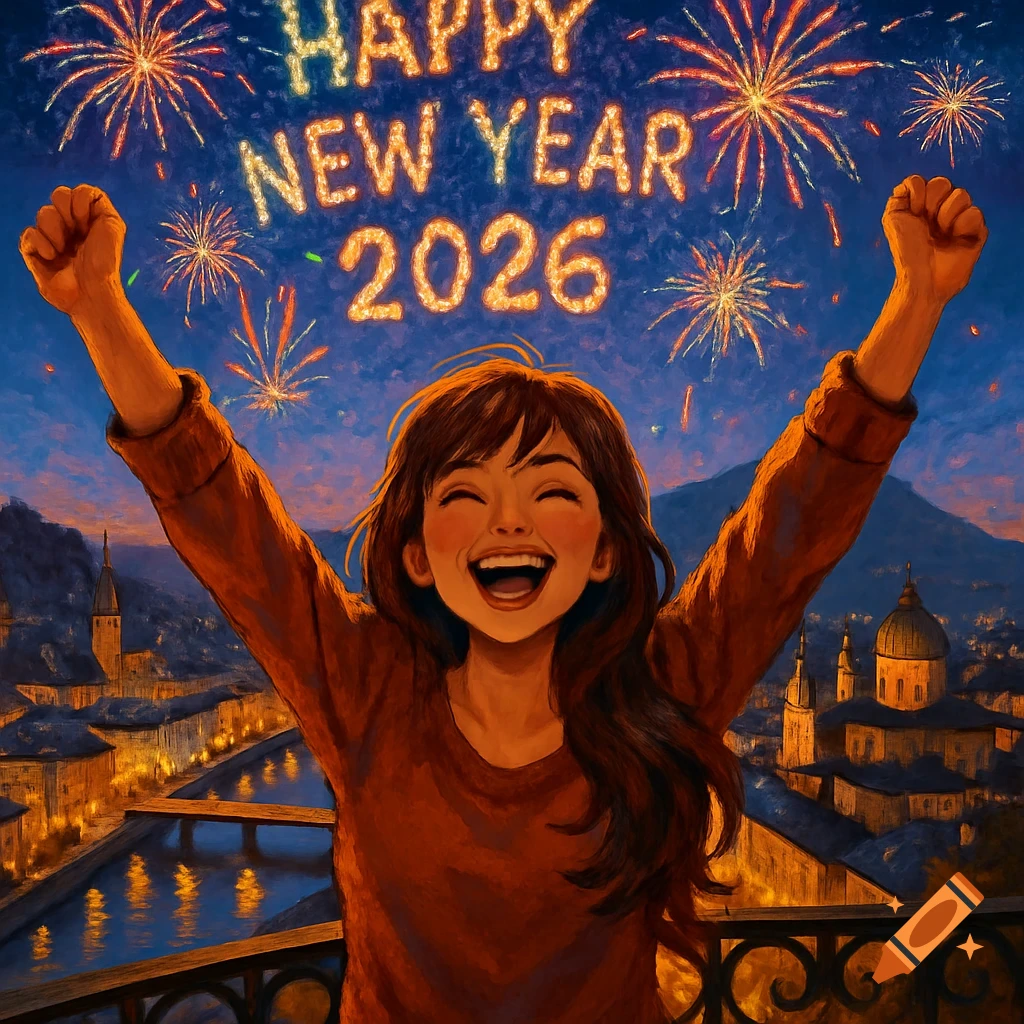 A joyous young woman on a balcony overlooks a city at night, with fireworks and 'HAPPY NEW YEAR 2026' in the sky.